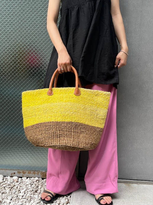 Sisal Two -tone Marche Bag L -Yellow x Beige-