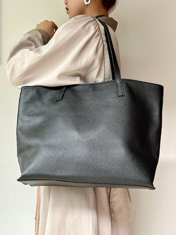 Leather Booktote L -Black-