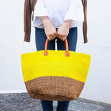 Sisal Two -tone Marche Bag L -Yellow x Beige-