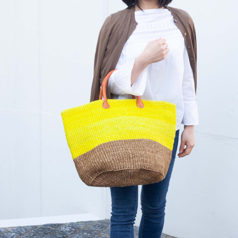 Sisal Two -tone Marche Bag L -Yellow x Beige-