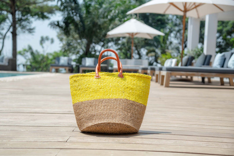 Sisal Two -tone Marche Bag L -Yellow x Beige-